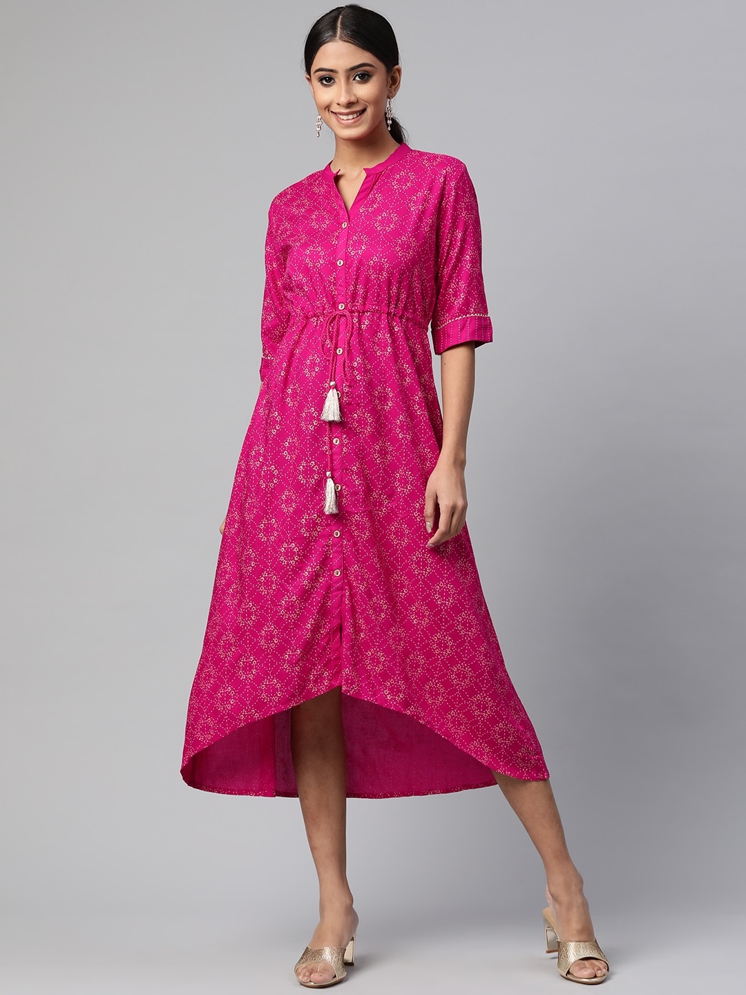 

Rangriti Women Pink & Beige Ethnic Motifs Ethnic A-Line Midi Dress with a Belt
