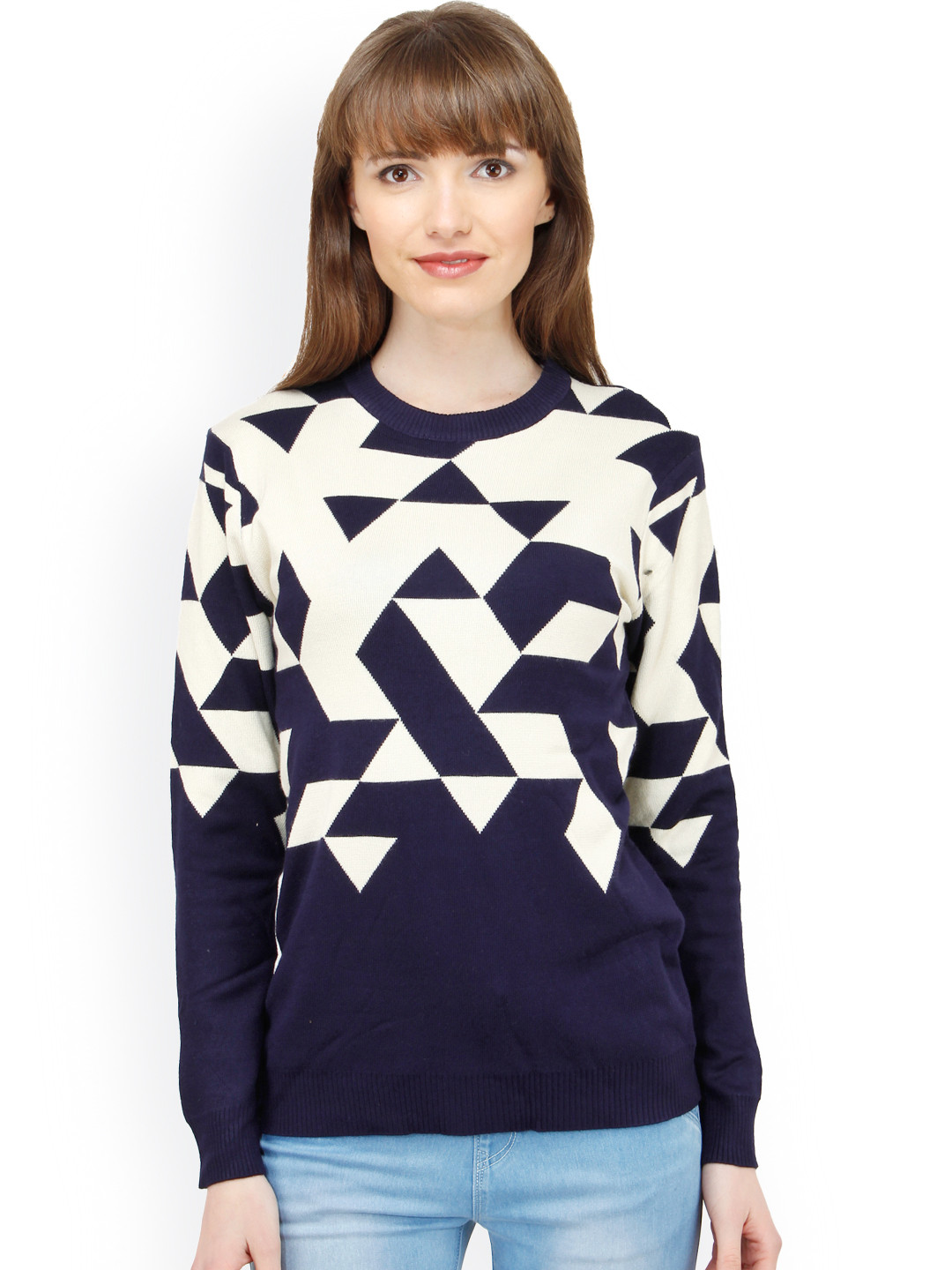 

Camey Women Navy & White Self-Design Sweater, Navy blue
