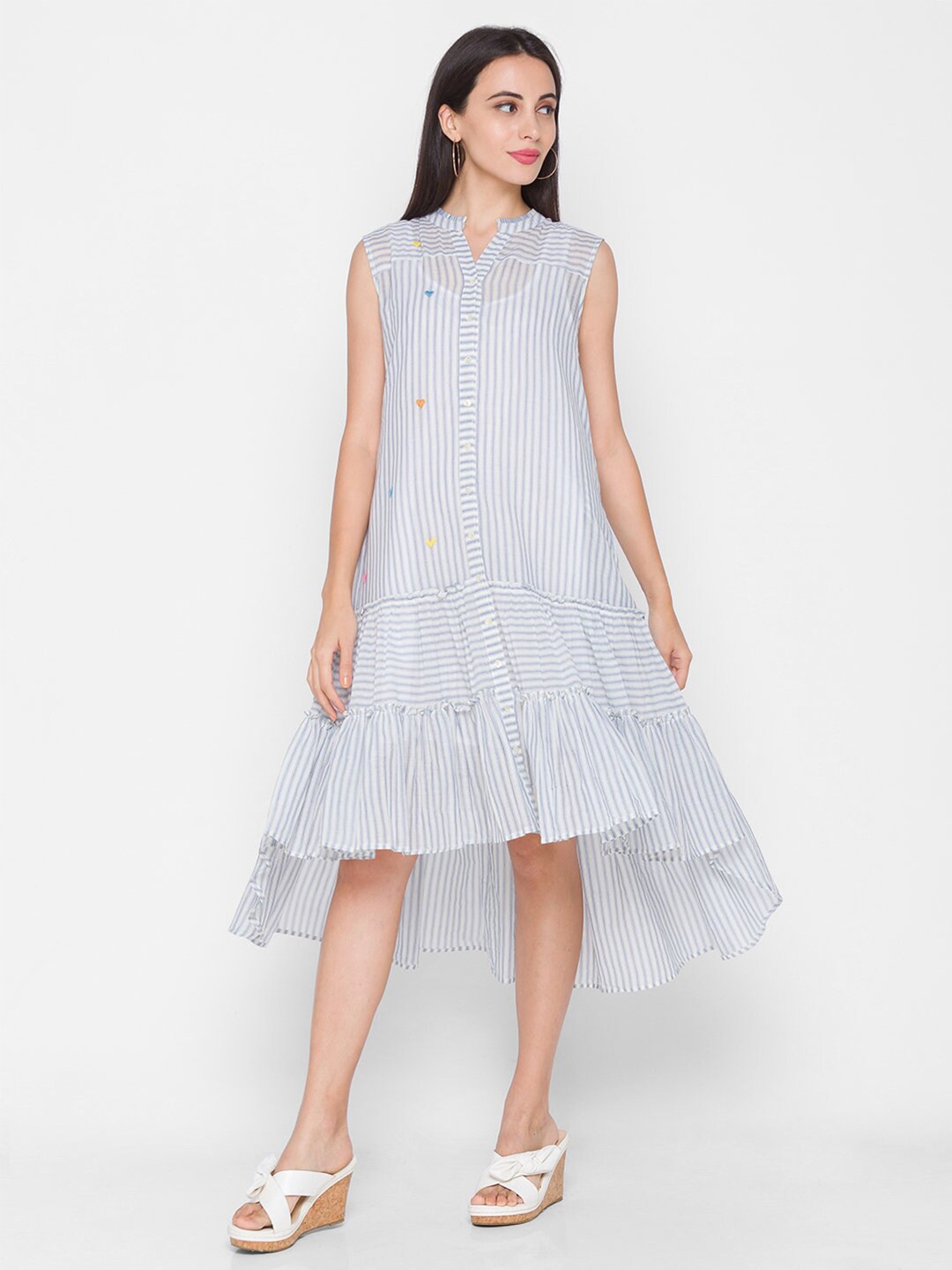 

ZOLA White & Blue Striped Mandarin Collar Drop-Waist Midi Dress