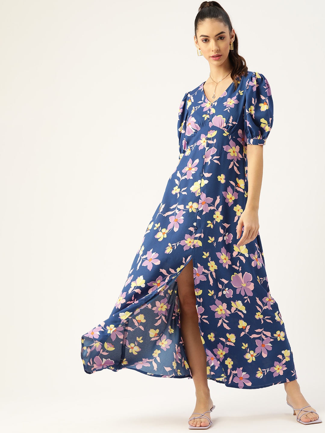 

DressBerry Teal Blue & Yellow Floral Print Maxi Dress