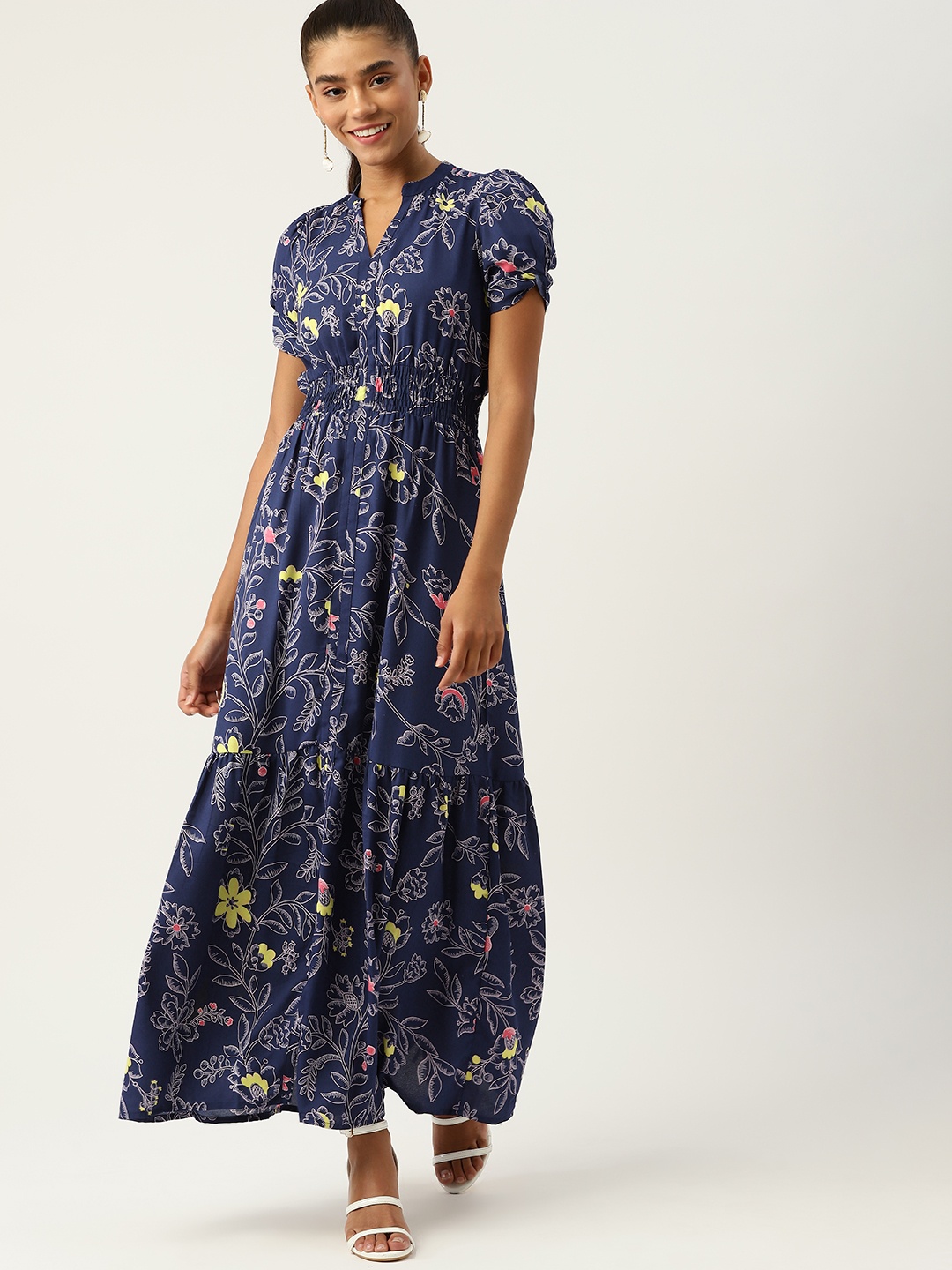 

DressBerry Women Navy Blue & Pink Floral Print Smocked Puff Sleeves A-Line Maxi Dress