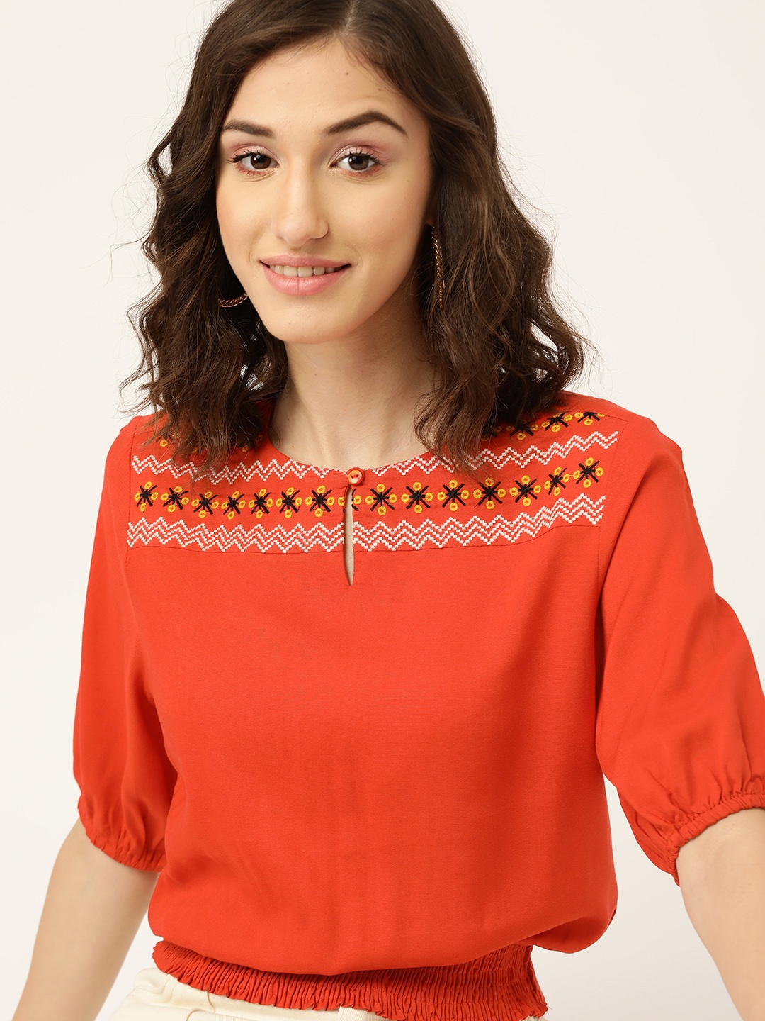

DressBerry Rust Orange Embroidered Keyhole Neck Blouson Sustainable Top