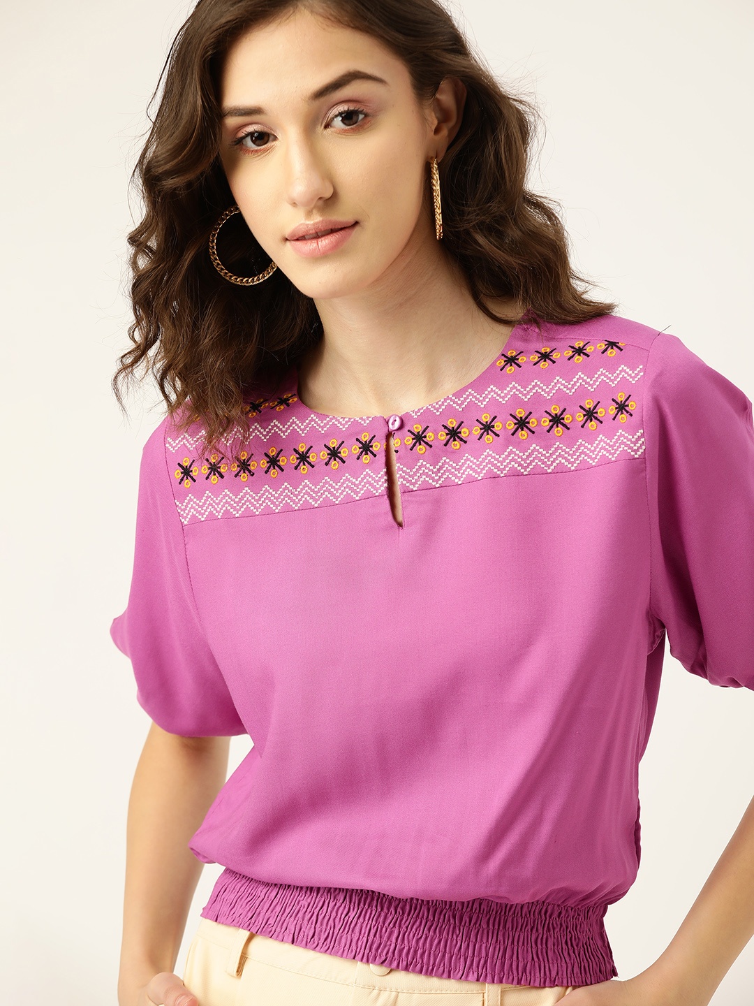 

DressBerry Purple Embroidered Keyhole Neck Blouson Sustainable Top