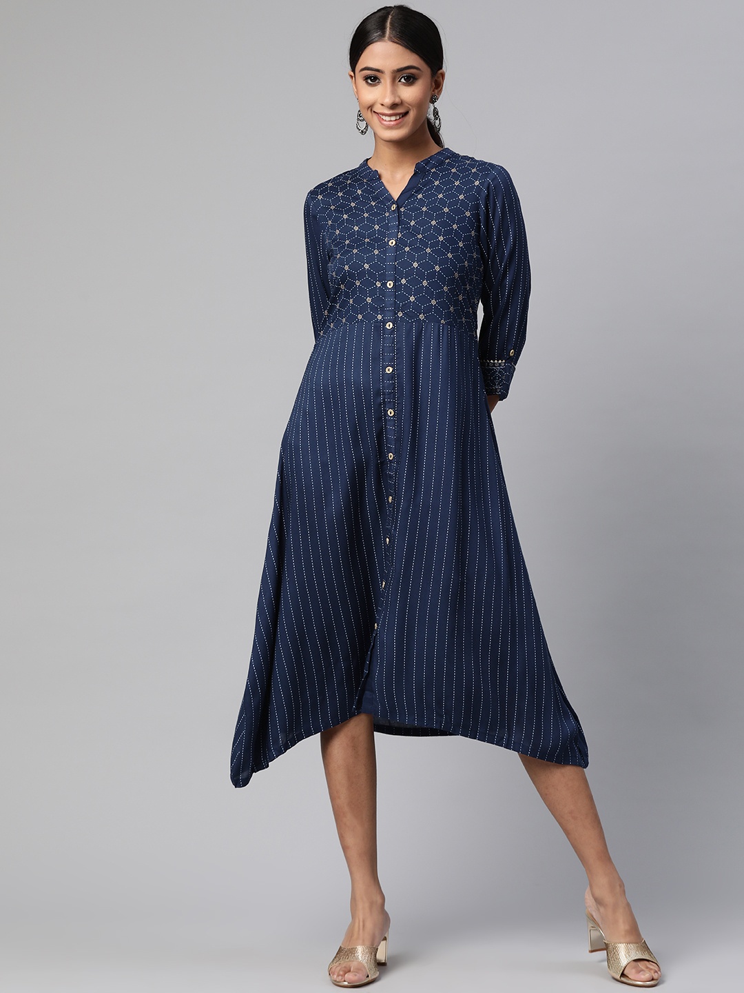 

Rangriti Women Navy Blue & Beige A-Line Dress