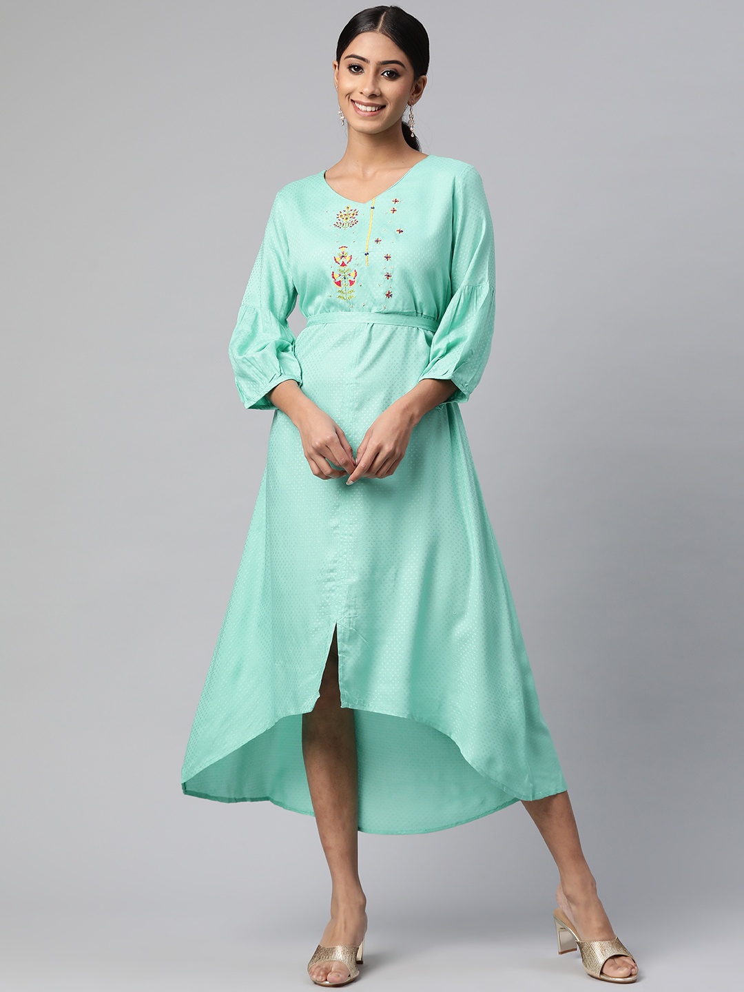 

Rangriti Women Turquoise Blue & Yellow Embroidered A-Line Midi Dress with a Belt