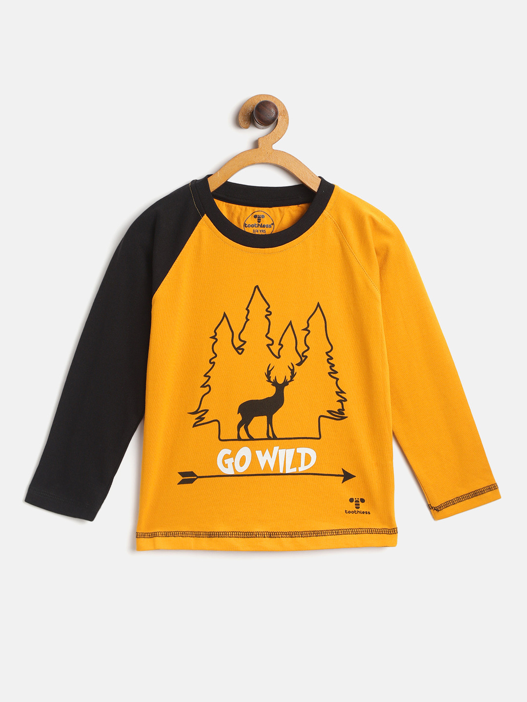 

toothless Boys Mustard Yellow & Black Pure Cotton Printed T-shirt