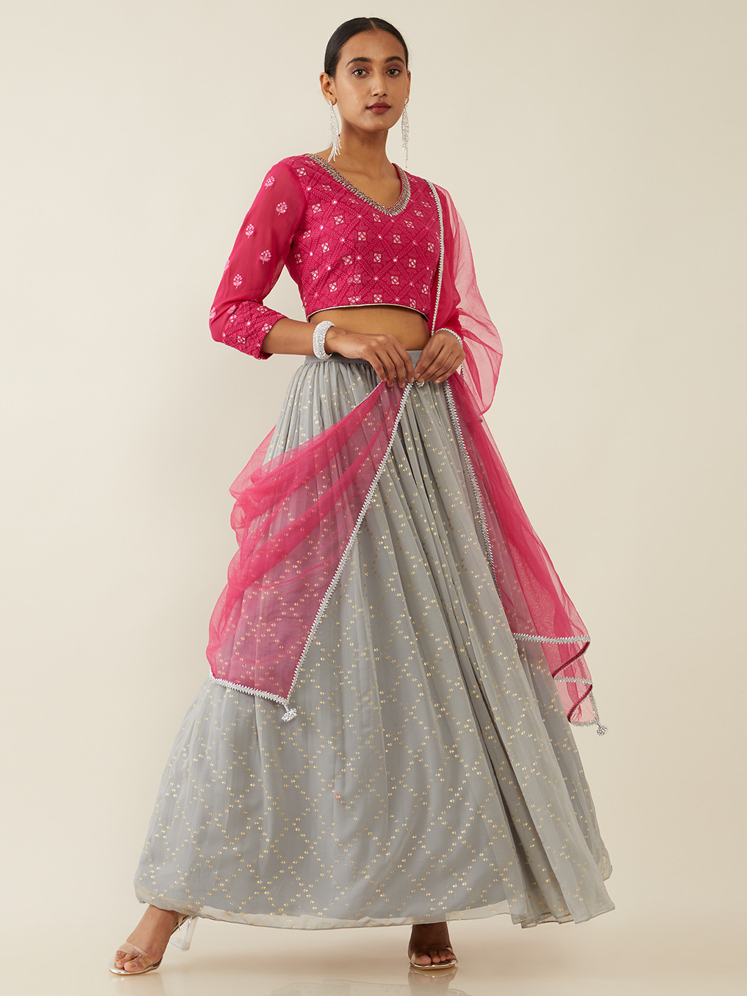 

Soch Fuchsia & Grey Embroidered Ready to Wear Lehenga & Blouse With Dupatta