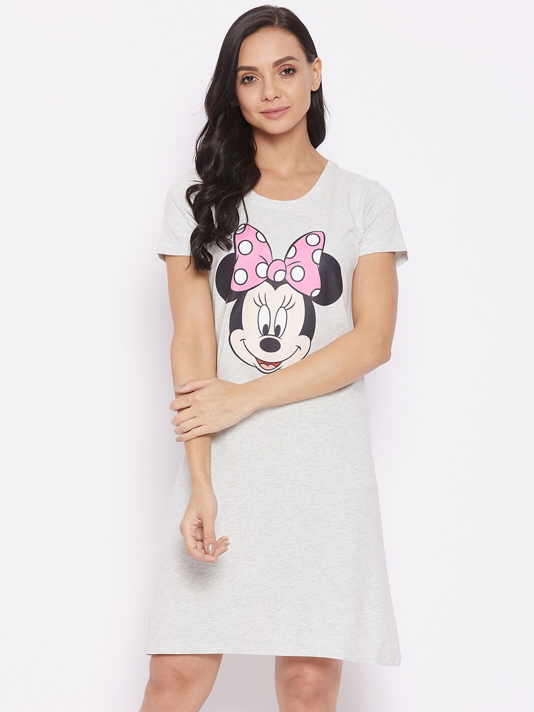 

Disney by Wear Your Mind Women Grey Melange Minnie Printed Pure Cotton T Shirt Nightdress