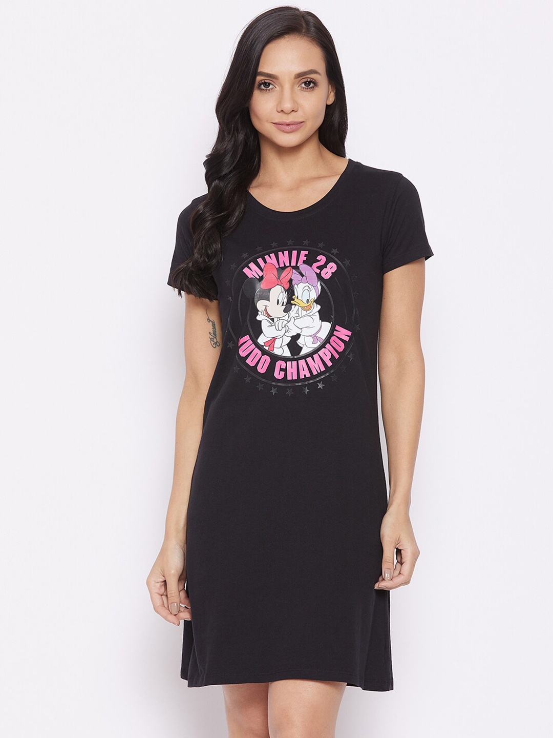 

Disney by Wear Your Mind Black Minnie Printed Cotton Nightdress