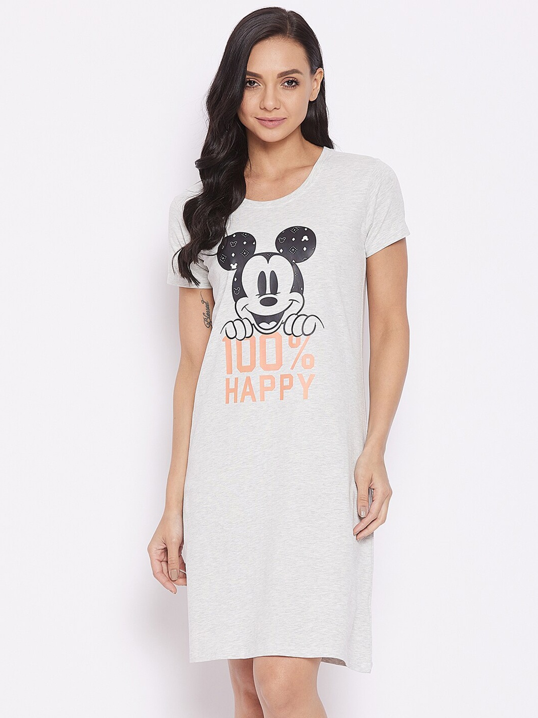 

Disney by Wear Your Mind Grey Melange Mickey Mouse Printed Pure Cotton Nightdress