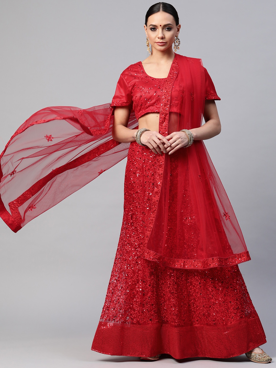 

Readiprint Fashions Women Red Semi-Stitched Lehenga & Unstitched Blouse With Dupatta