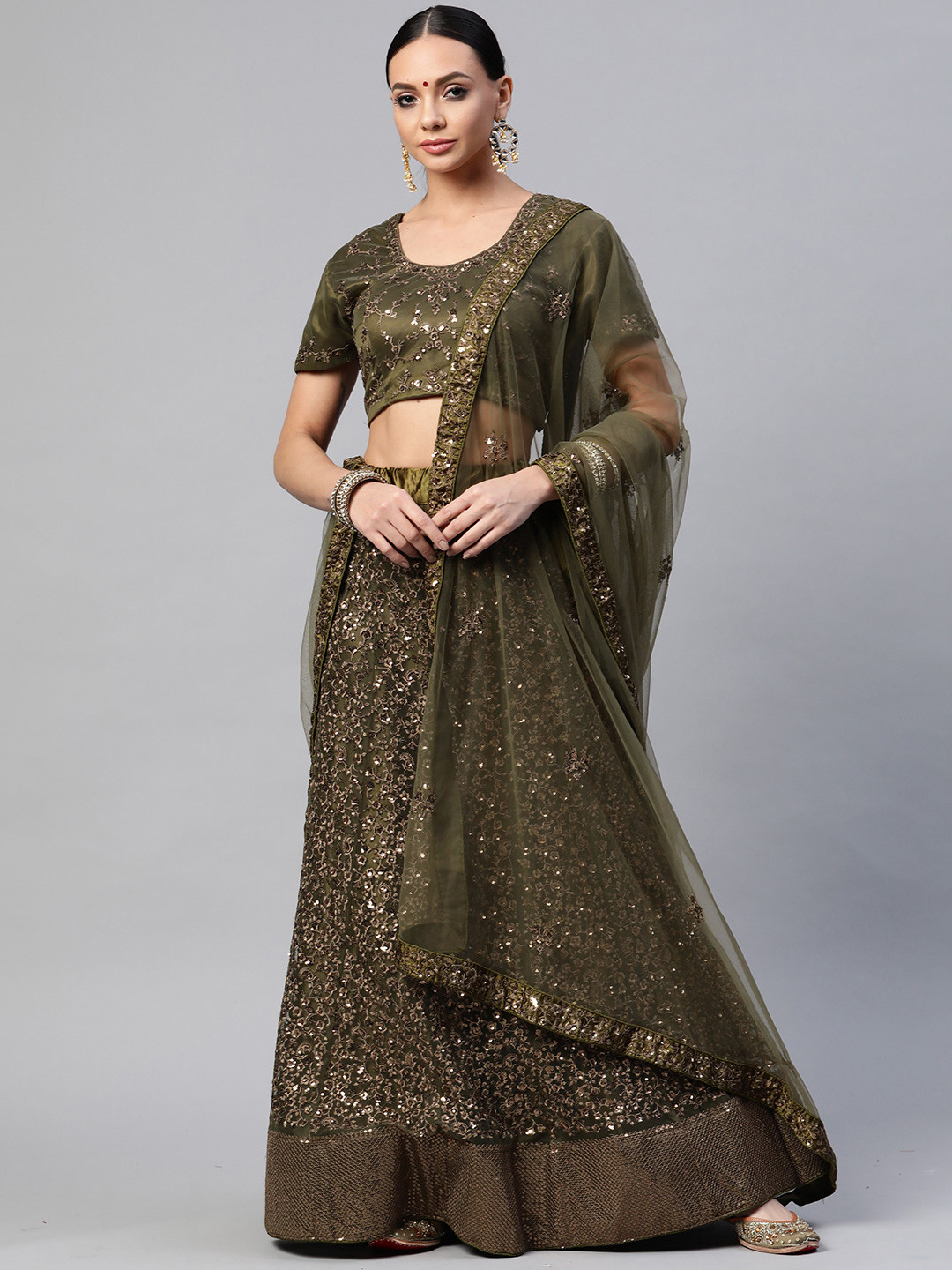 

Readiprint Fashions Women Olive Green Semi-Stitched Lehenga & Unstitched Blouse & Dupatta