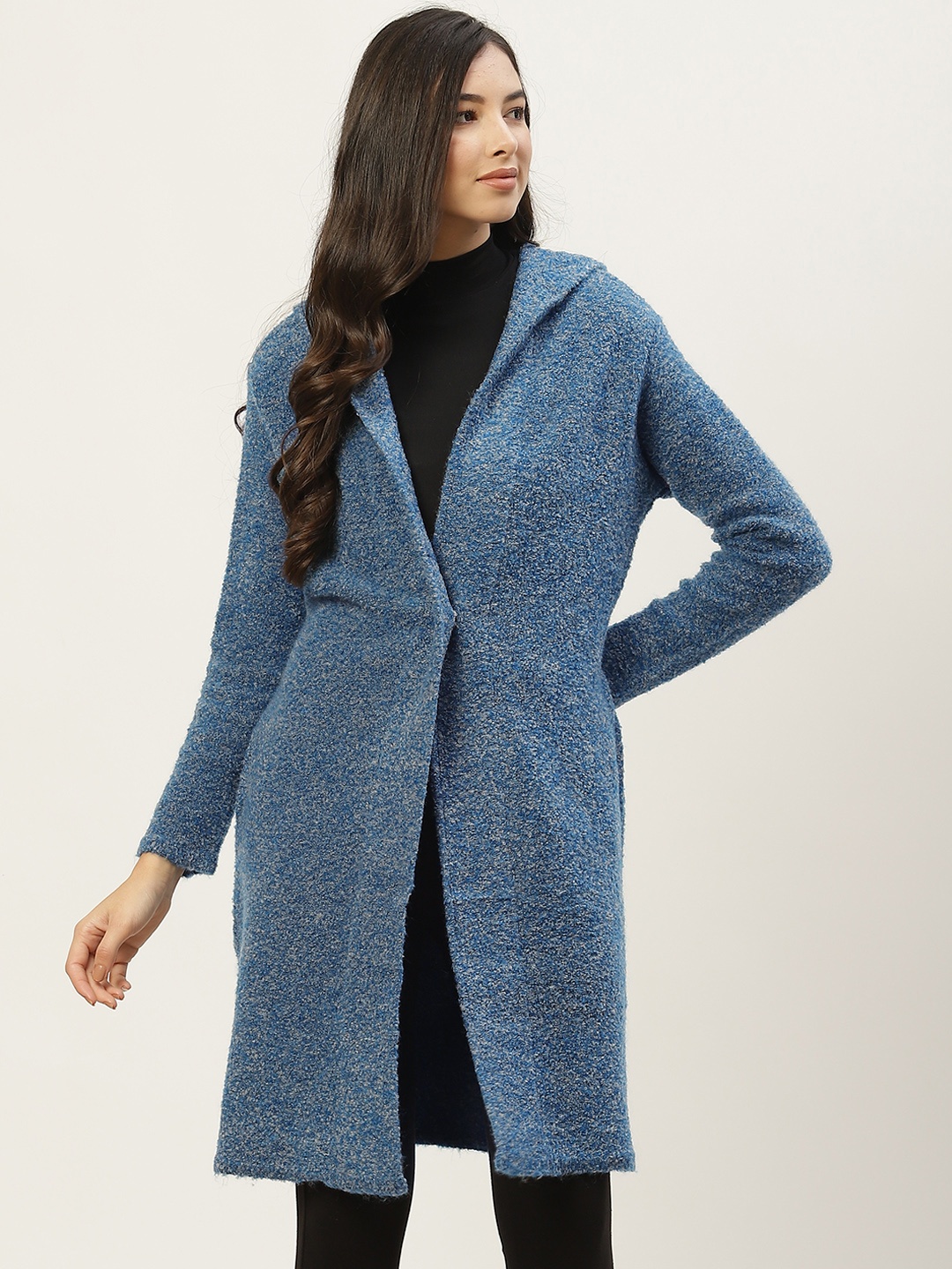 

BROOWL Women Blue Speckled Hooded Longline Cardigan