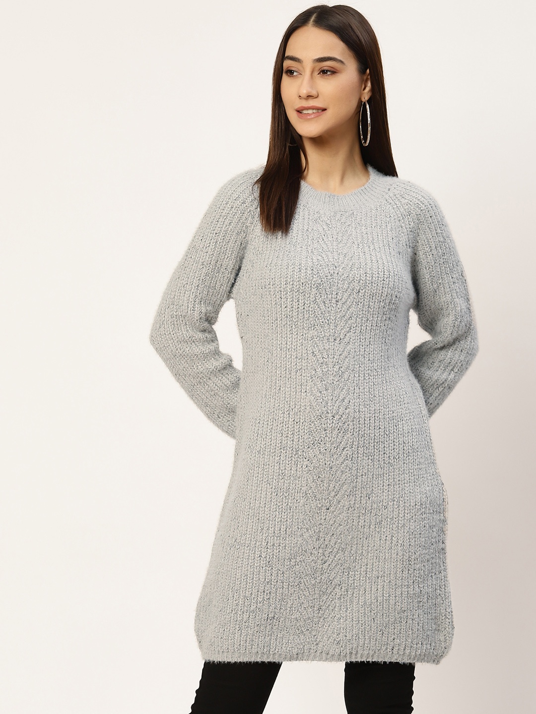 

BROOWL Women Grey Melange Ribbed Longline Pullover
