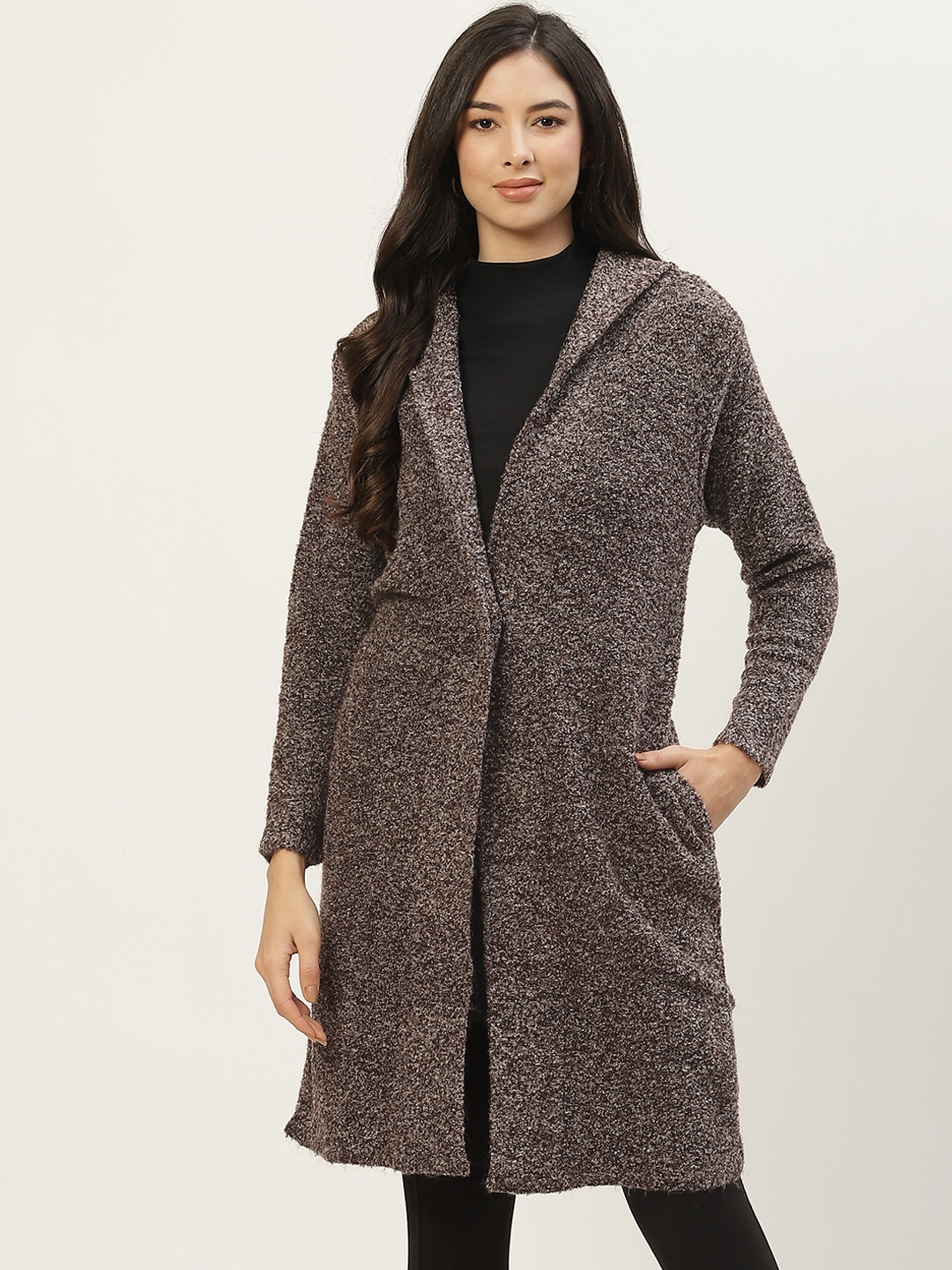 

BROOWL Women Grey Speckled Hooded Longline Pullover