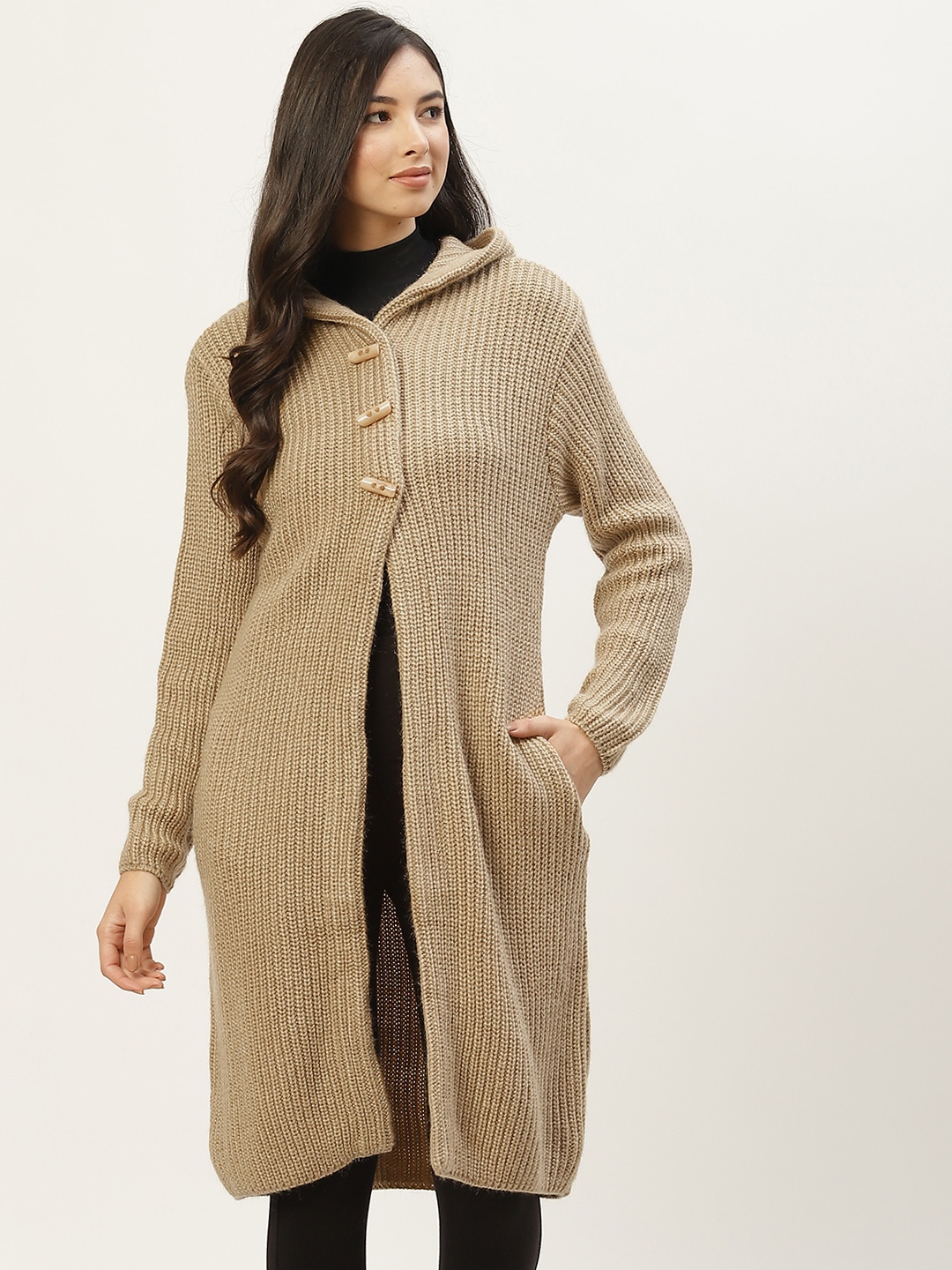 

BROOWL Women Beige Ribbed Longline Pullover