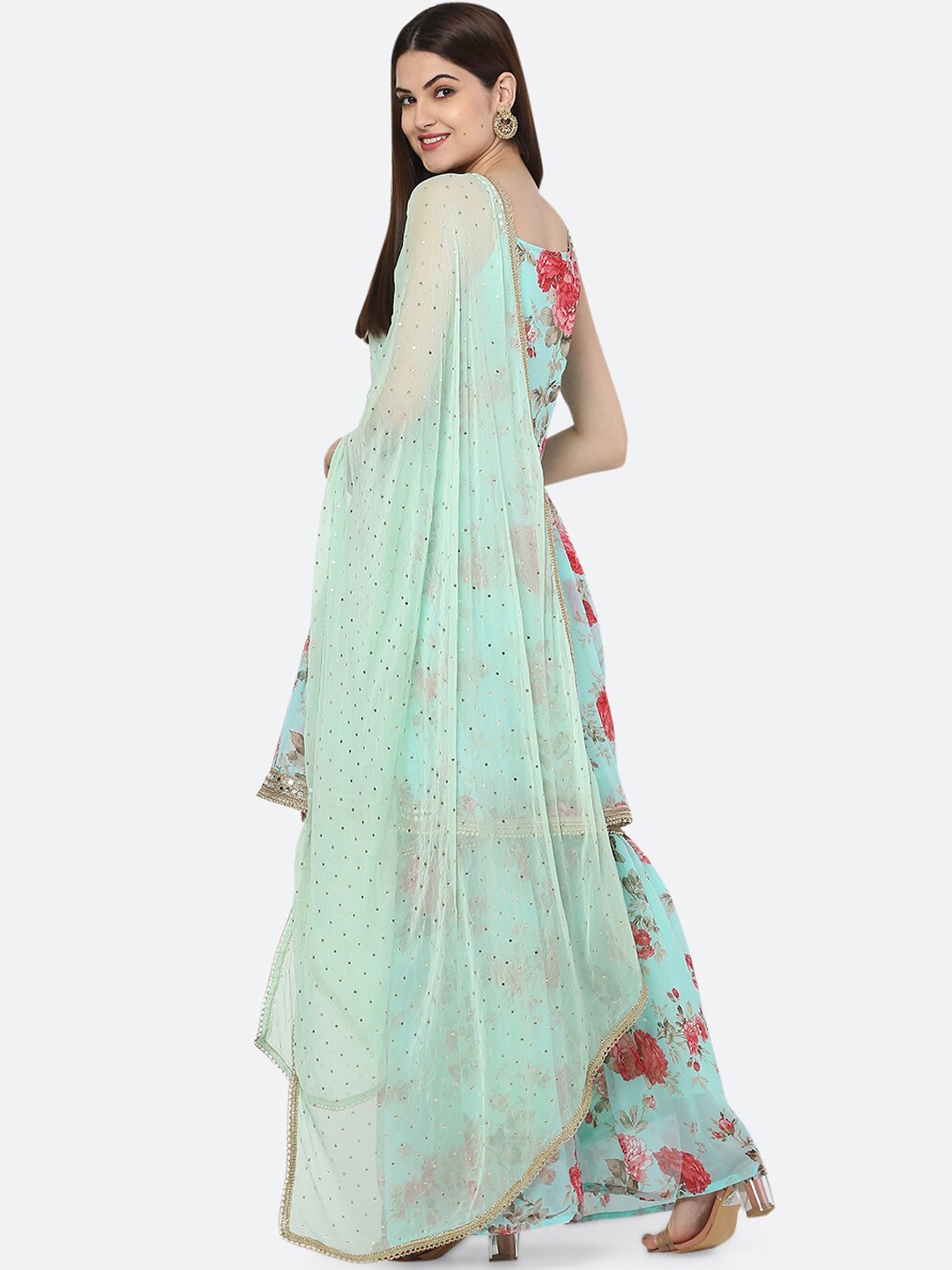 

Ashnaina Women Turquoise Blue Floral Printed Regular Empire Kurta with Sharara & Dupatta