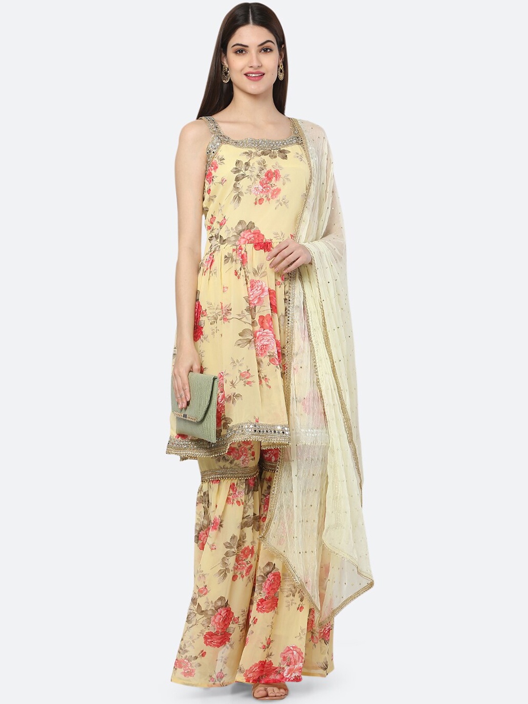 

Ashnaina Women Yellow & Pink Floral Printed Pleated Kurti with Sharara & Dupatta