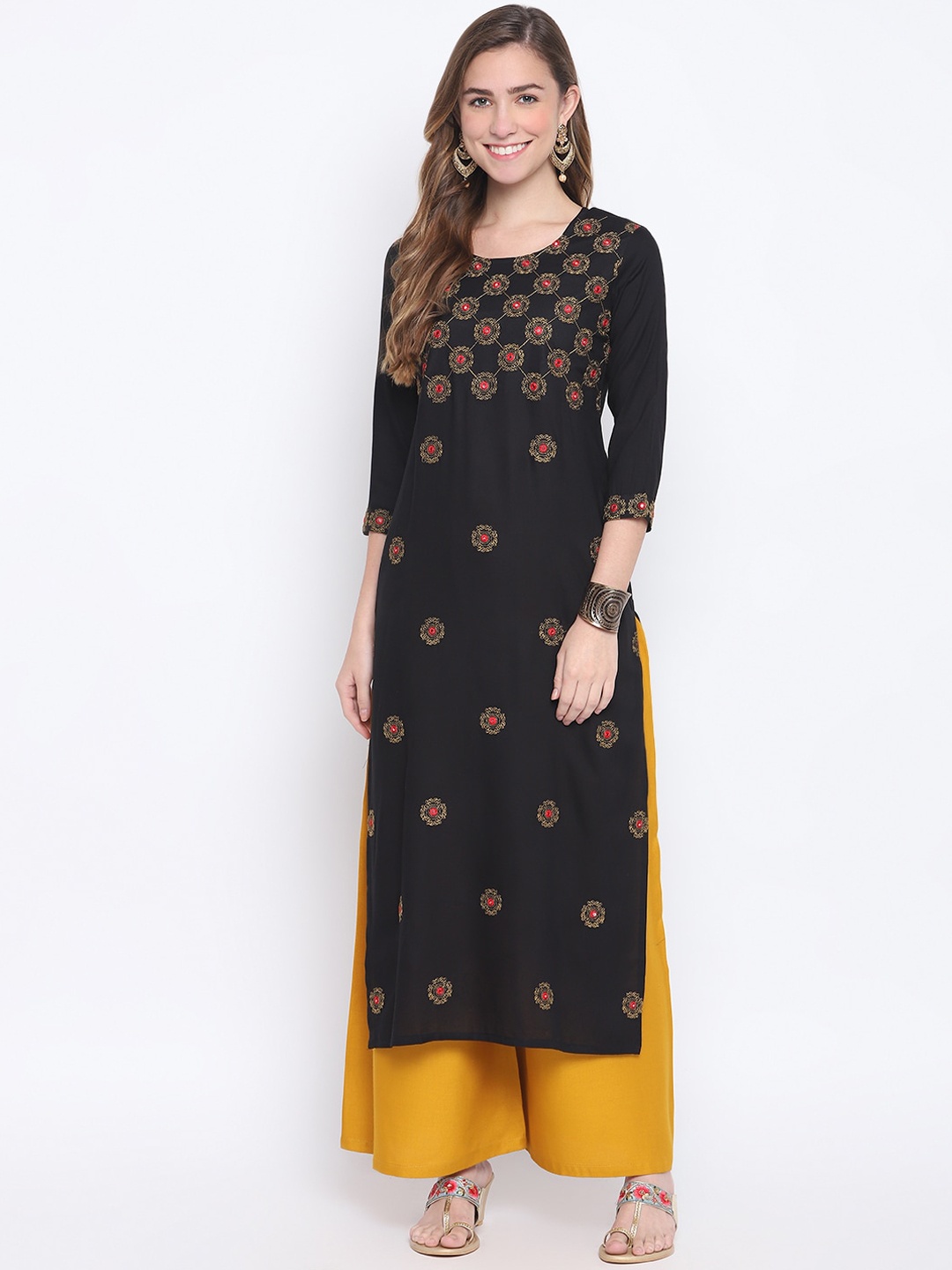 

FASHION DEPTH Women Black & Red Embroidered Straight Kurta
