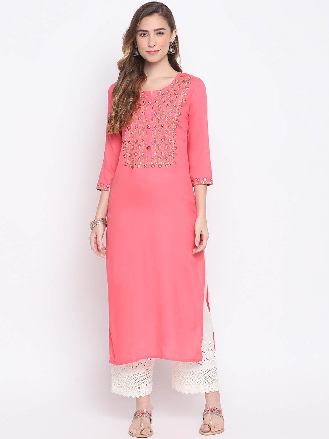 

FASHION DEPTH Women Pink Floral Embroidered Kurta