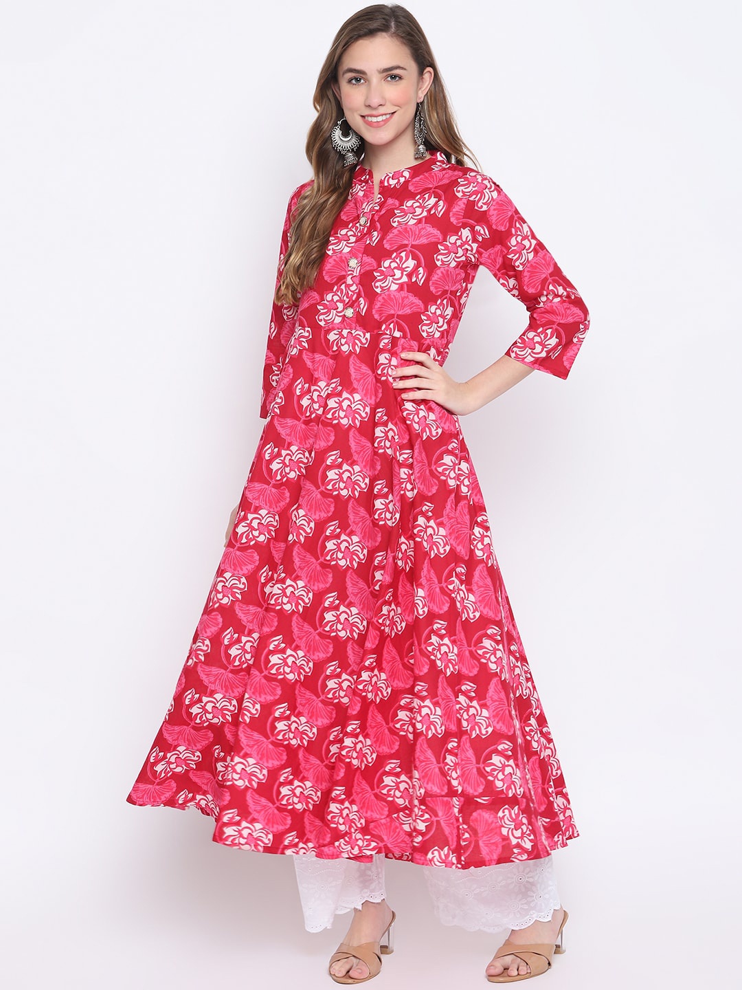 

FASHION DEPTH Women Pink Floral Printed Thread Work Anarkali Kurta