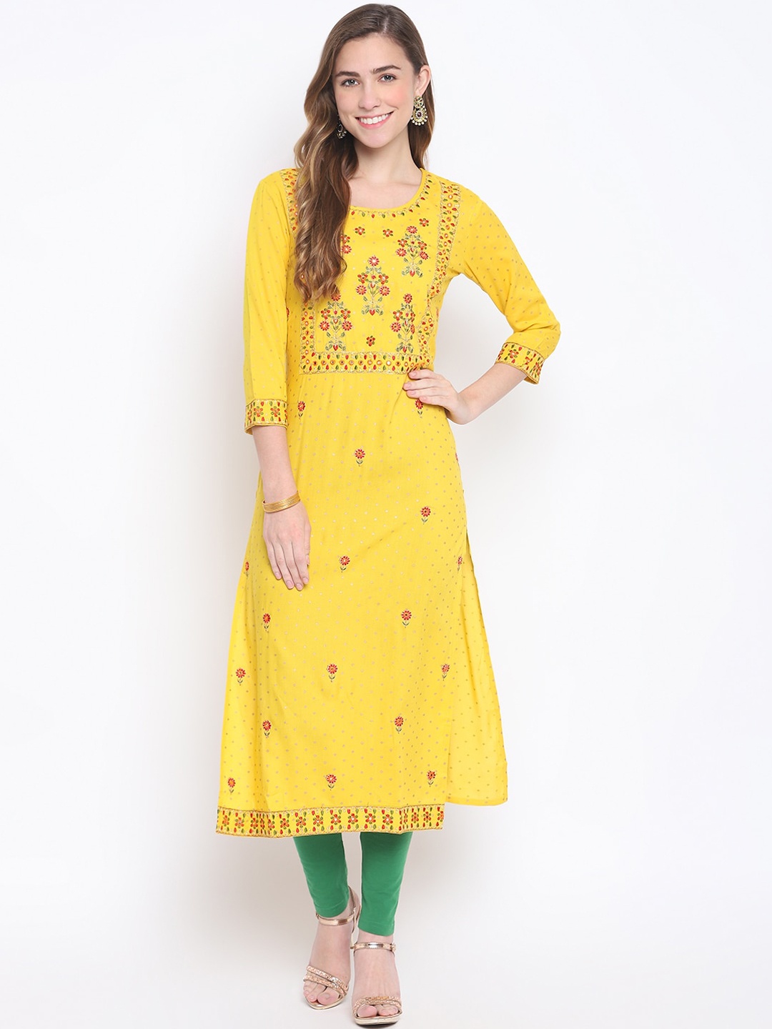 

FASHION DEPTH Women Yellow Ethnic Motifs Embroidered Thread Work Kurta