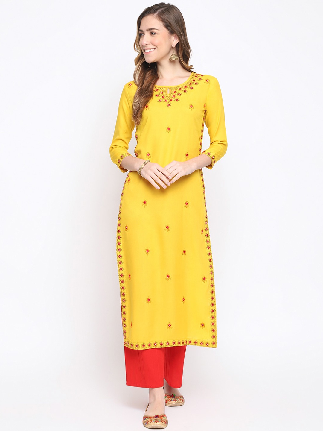 

FASHION DEPTH Women Yellow Floral Embroidered Thread Work Kurta