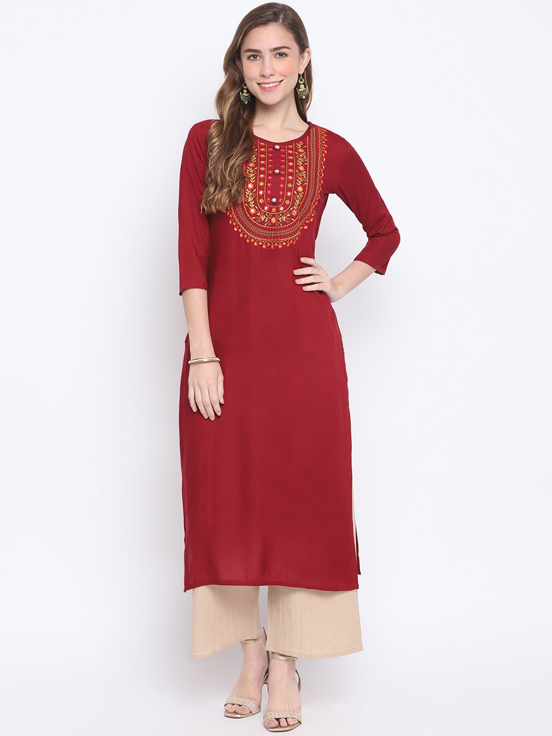 

FASHION DEPTH Women Maroon & Yellow Floral Yoke Design Thread Work Kurta
