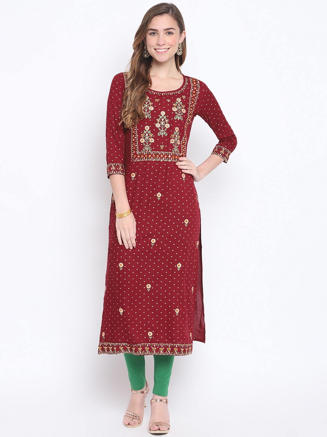 

FASHION DEPTH Women Maroon Geometric Embroidered Thread Work Kurta