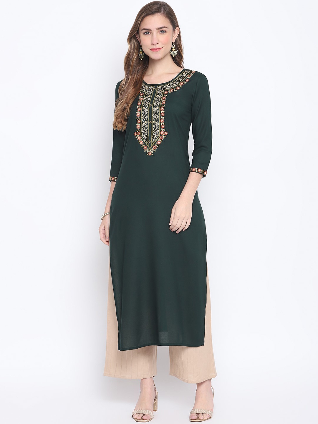 

FASHION DEPTH Women Green Geometric Yoke Design Thread Work Kurta
