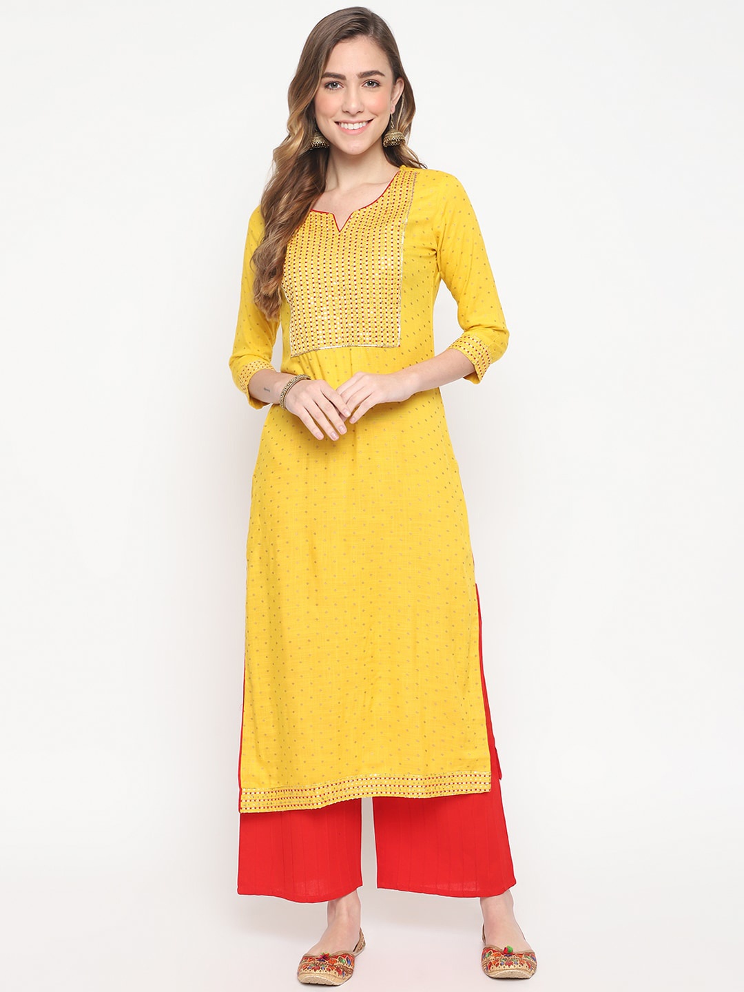 

FASHION DEPTH Women Yellow & Red Geometric Yoke Design Straight Kurta