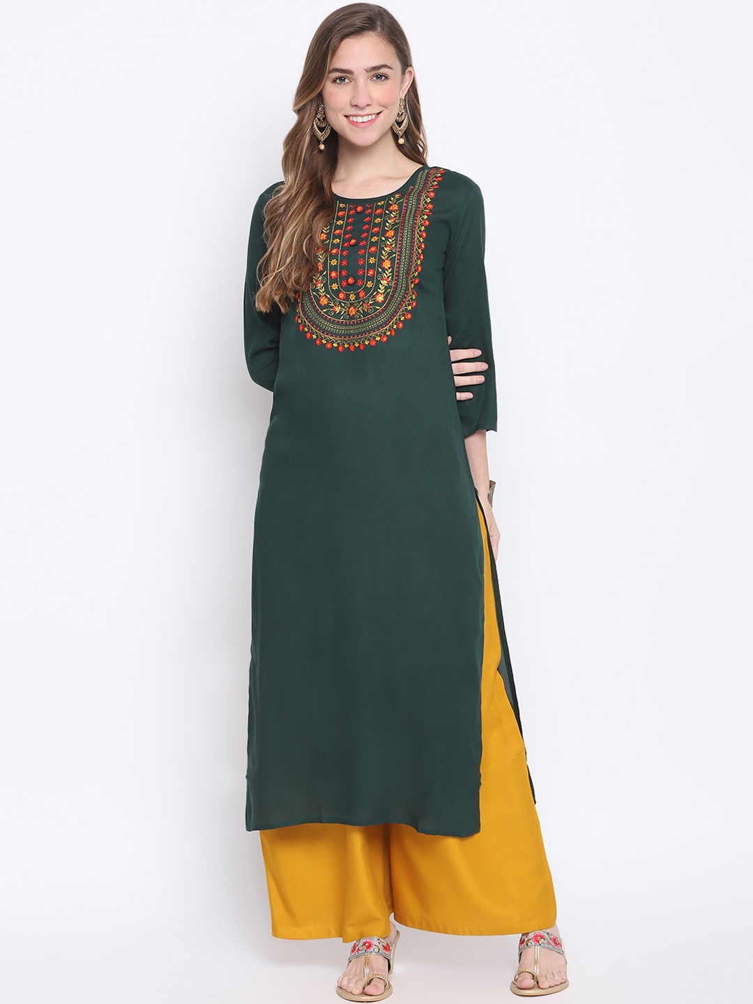 FASHION DEPTH Women Green Floral Embroidered Kurta