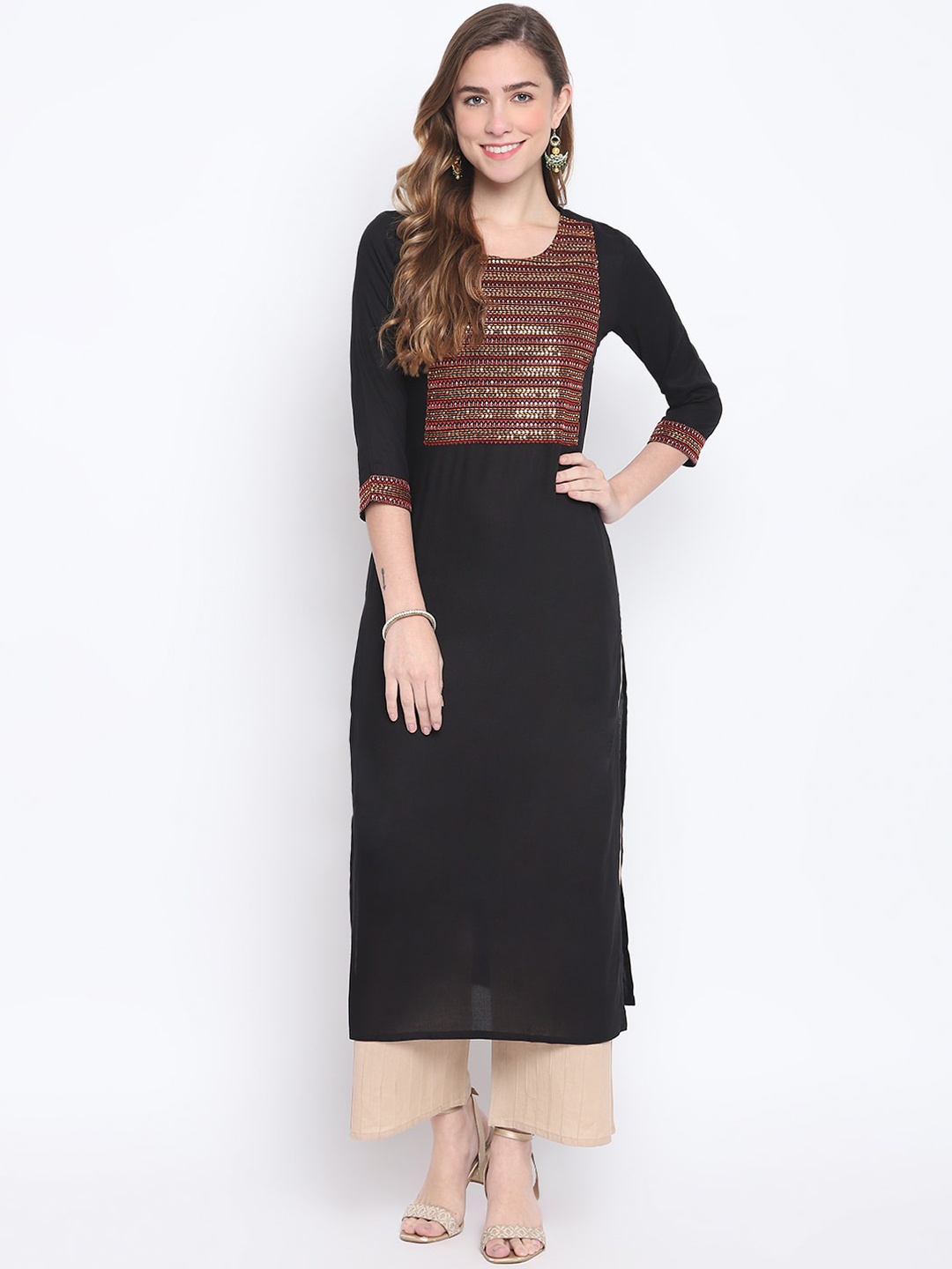 

FASHION DEPTH Women Black Geometric Yoke Design Thread Work Kurta