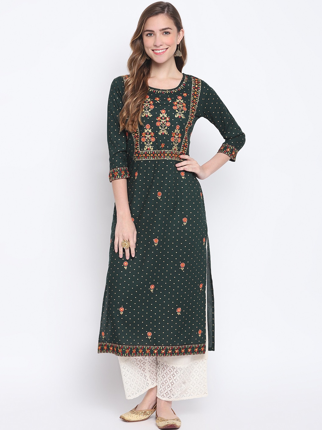 

FASHION DEPTH Women Green & Red Floral Embroidered Thread Work Kurta