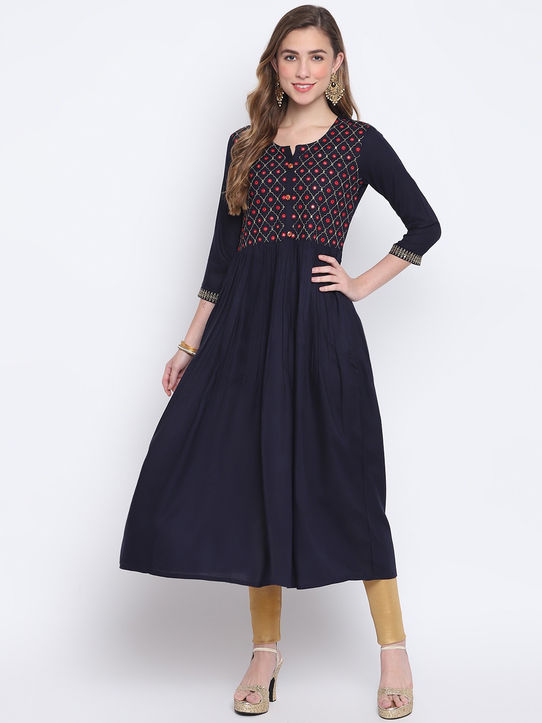 

FASHION DEPTH Women Navy Blue Geometric Yoke Design Anarkali Kurta