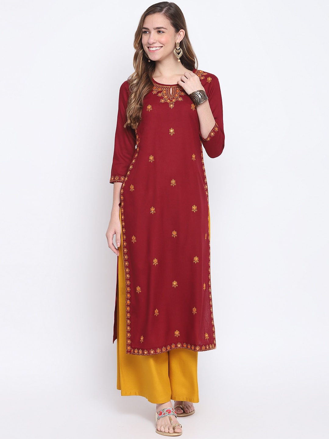 

FASHION DEPTH Women Maroon Ethnic Motifs Embroidered Kurta