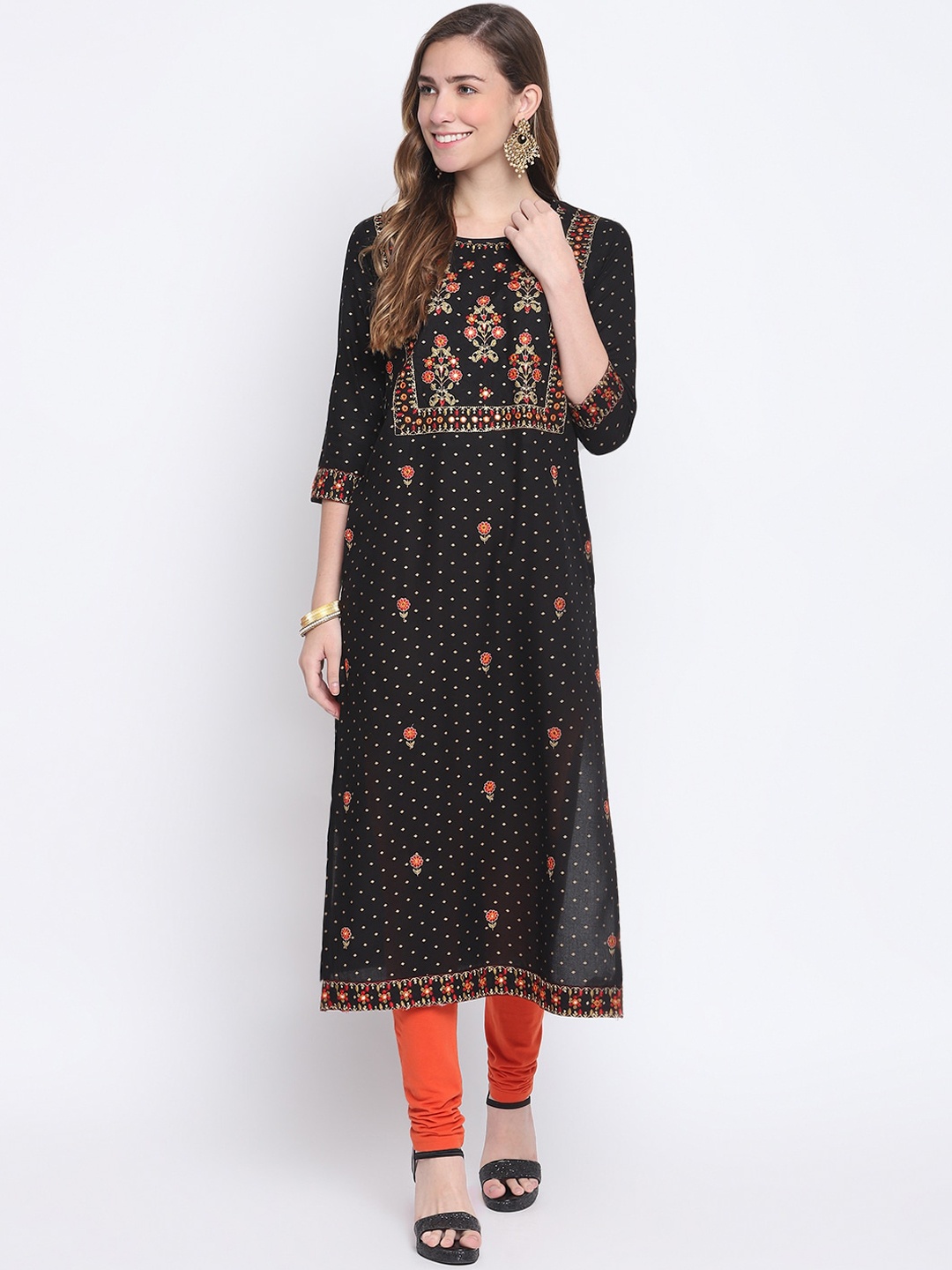 

FASHION DEPTH Women Black Ethnic Motifs Embroidered Flared Sleeves Mirror Work Kurta