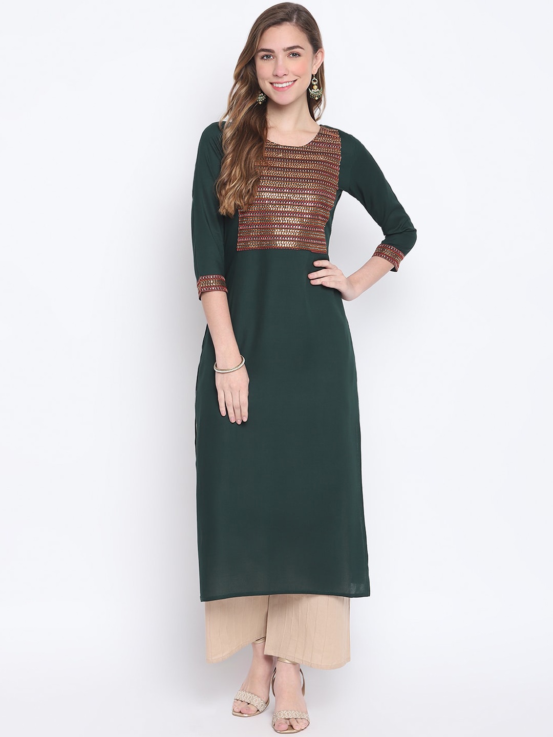 

FASHION DEPTH Women Green Embroidered Thread Work Kurta