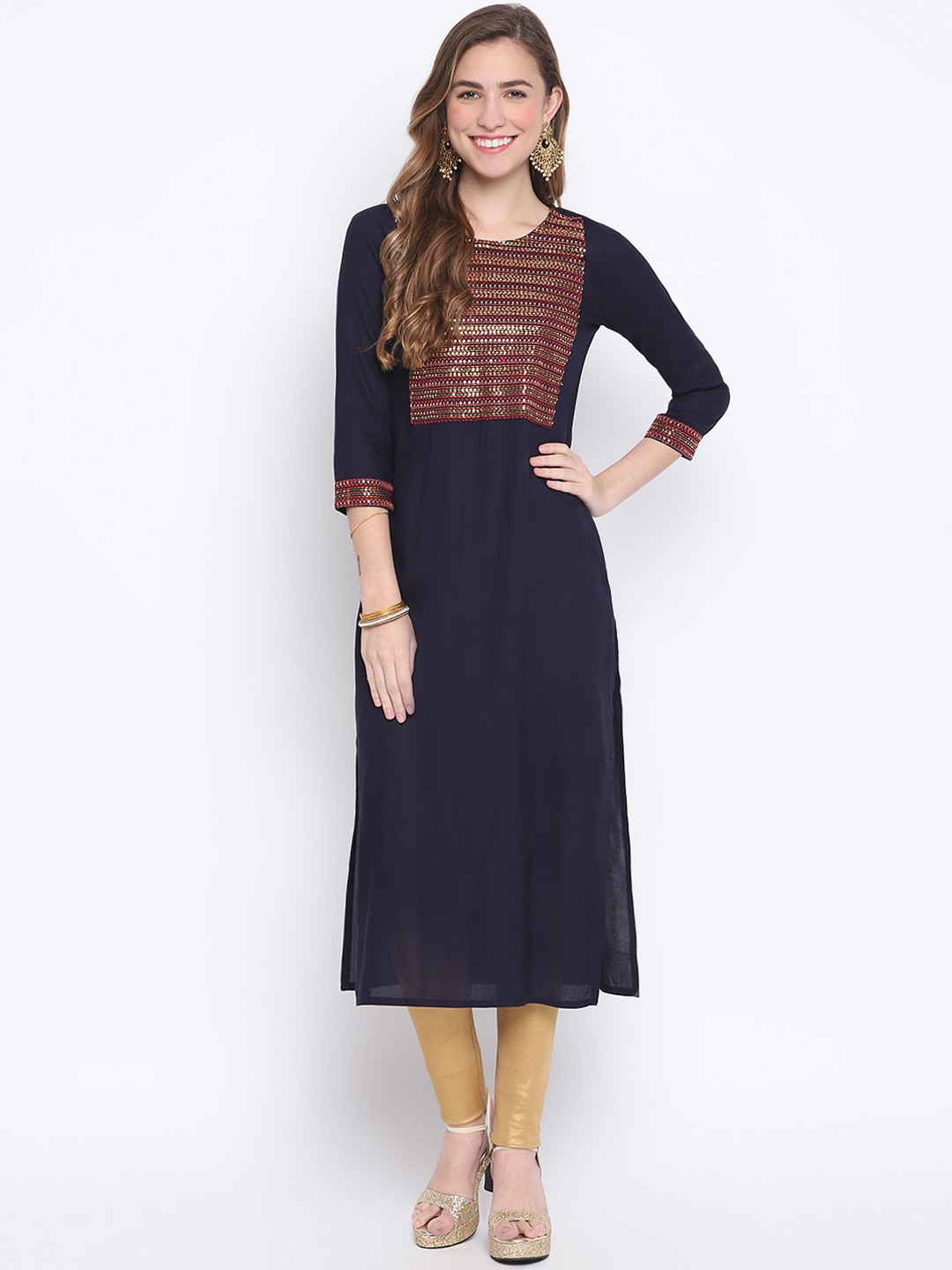 

FASHION DEPTH Women Navy Blue Yoke Design Thread Work Kurta