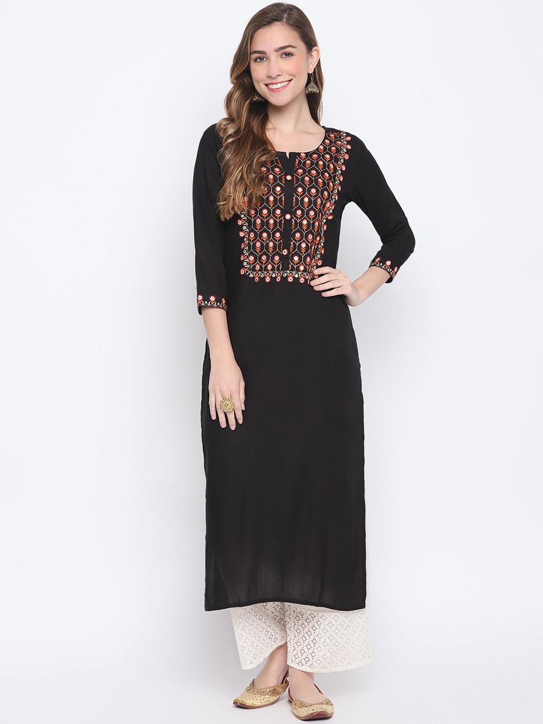 

FASHION DEPTH Women Black & Orange Geometric Yoke Design Thread Work Kurta