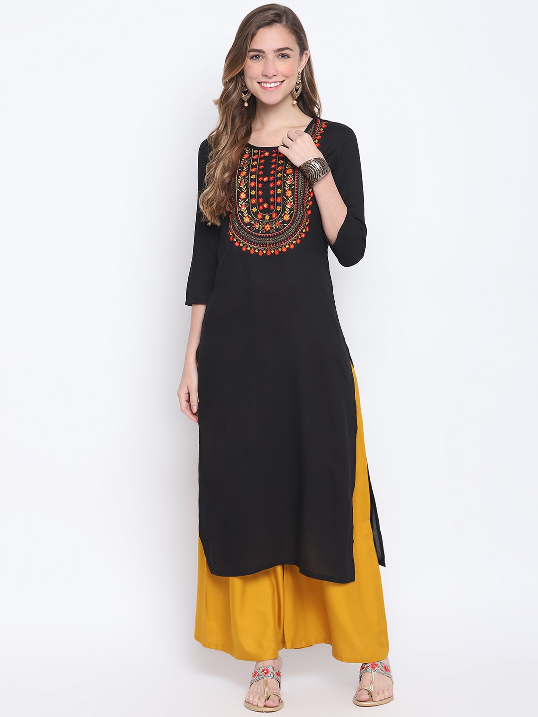 

FASHION DEPTH Women Black Yoke Design Mirror Work Kurta