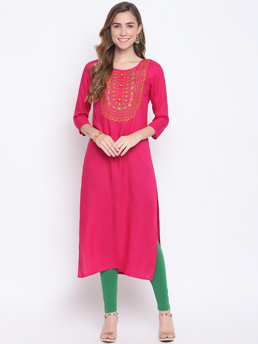 

FASHION DEPTH Women Pink Ethnic Motifs Yoke Design Thread Work Kurta