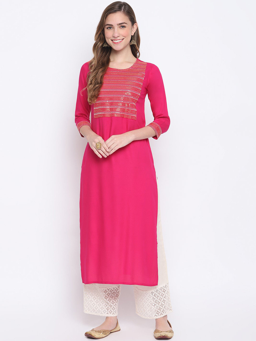 

FASHION DEPTH Women Rose Pink Geometric Embroidered Kurta