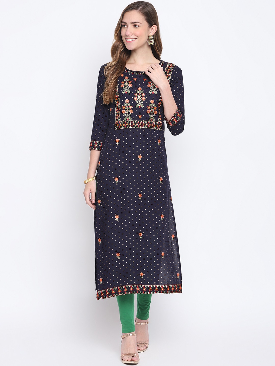 

FASHION DEPTH Women Navy Blue Floral Embroidered Kurta