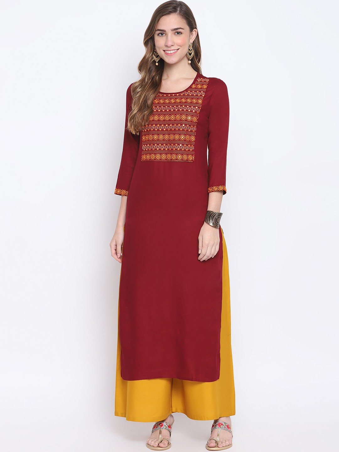 

FASHION DEPTH Women Maroon & Yellow Geometric Yoke Design Thread Work Kurta
