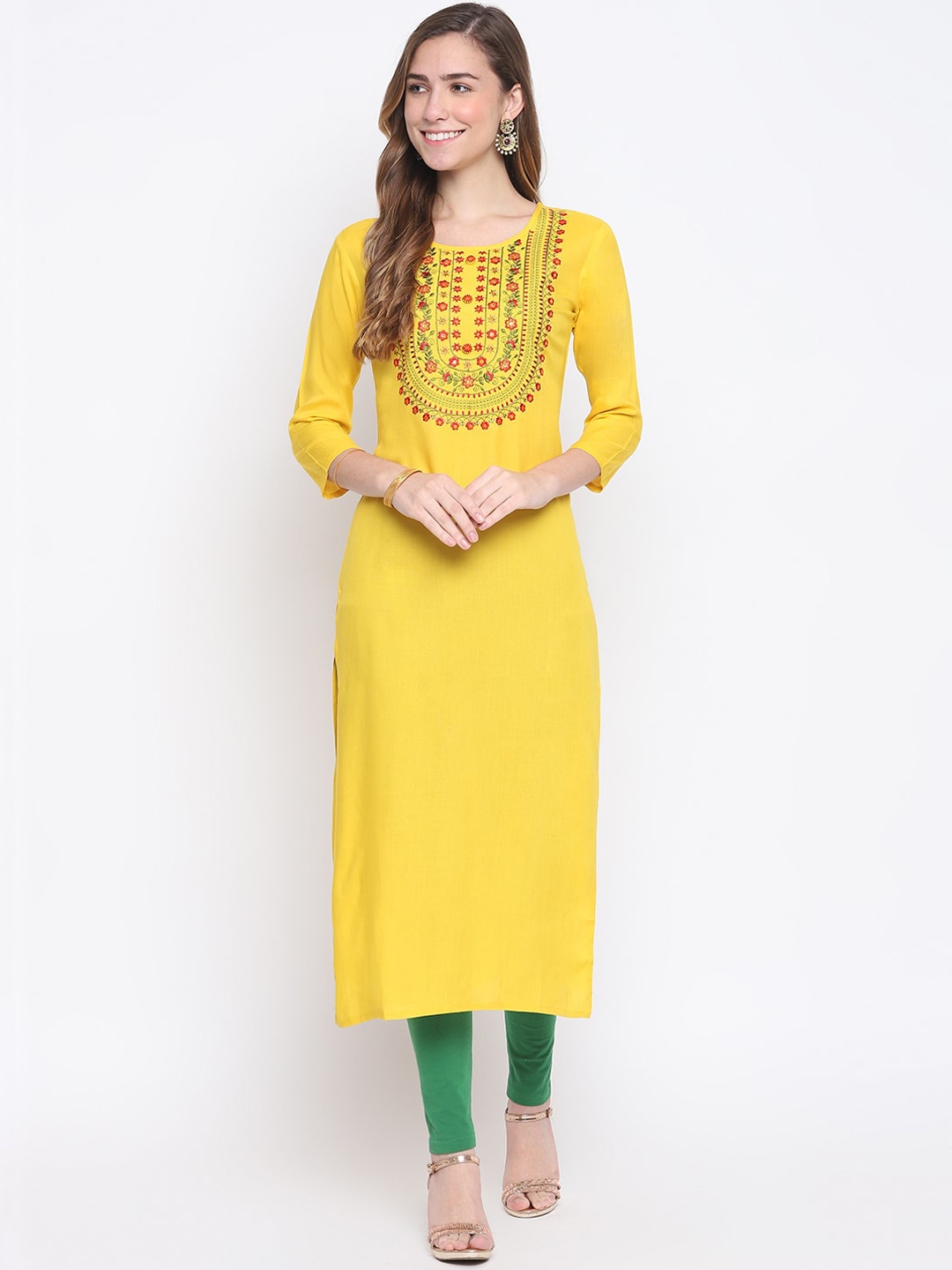 

FASHION DEPTH Women Yellow Geometric Embroidered Keyhole Neck Thread Work Kurta