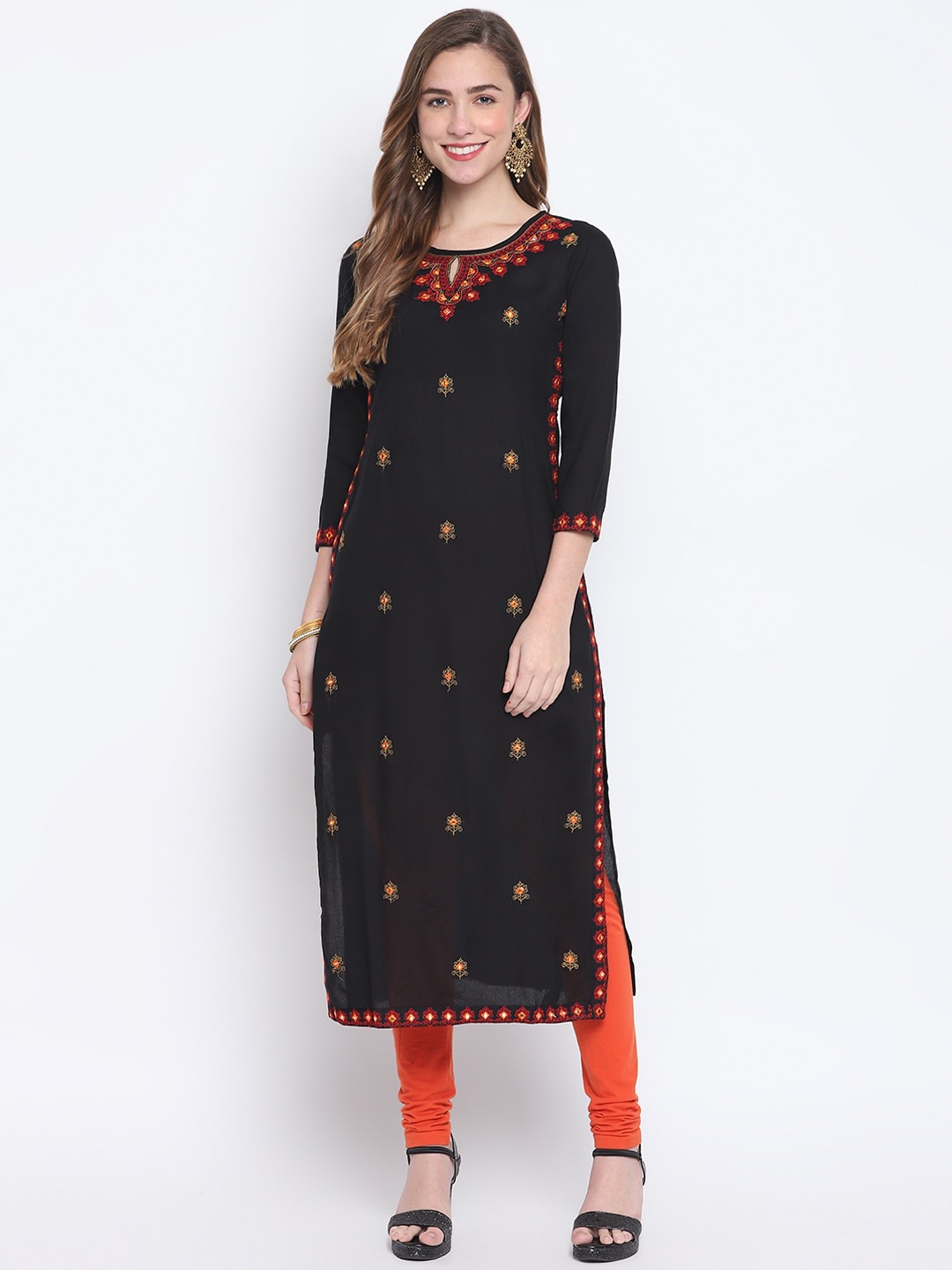 

FASHION DEPTH Women Black Ethnic Motifs Embroidered Keyhole Neck Thread Work Kurta
