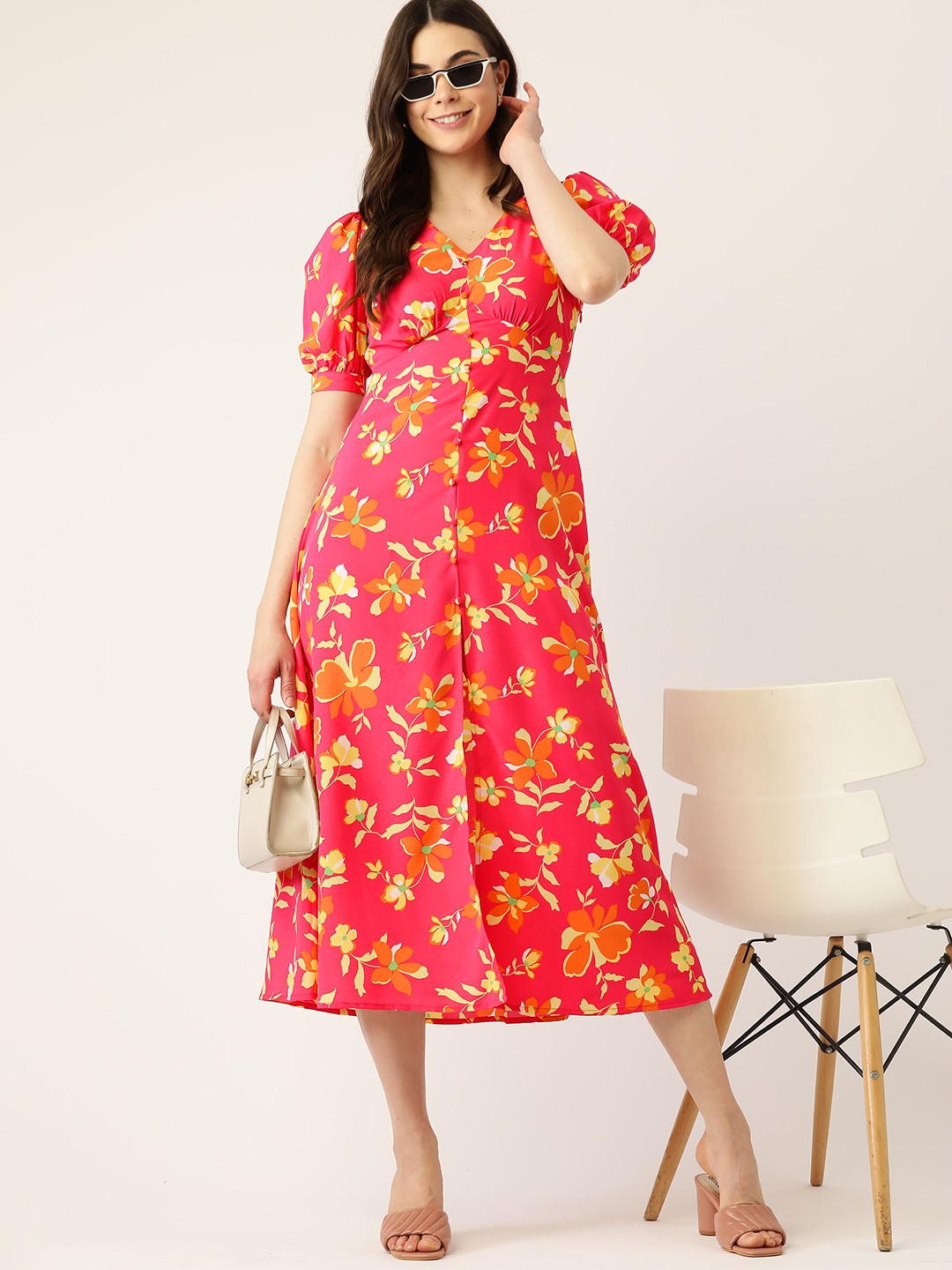 

DressBerry Women Pink & Yellow Floral Printed A-Line Dress