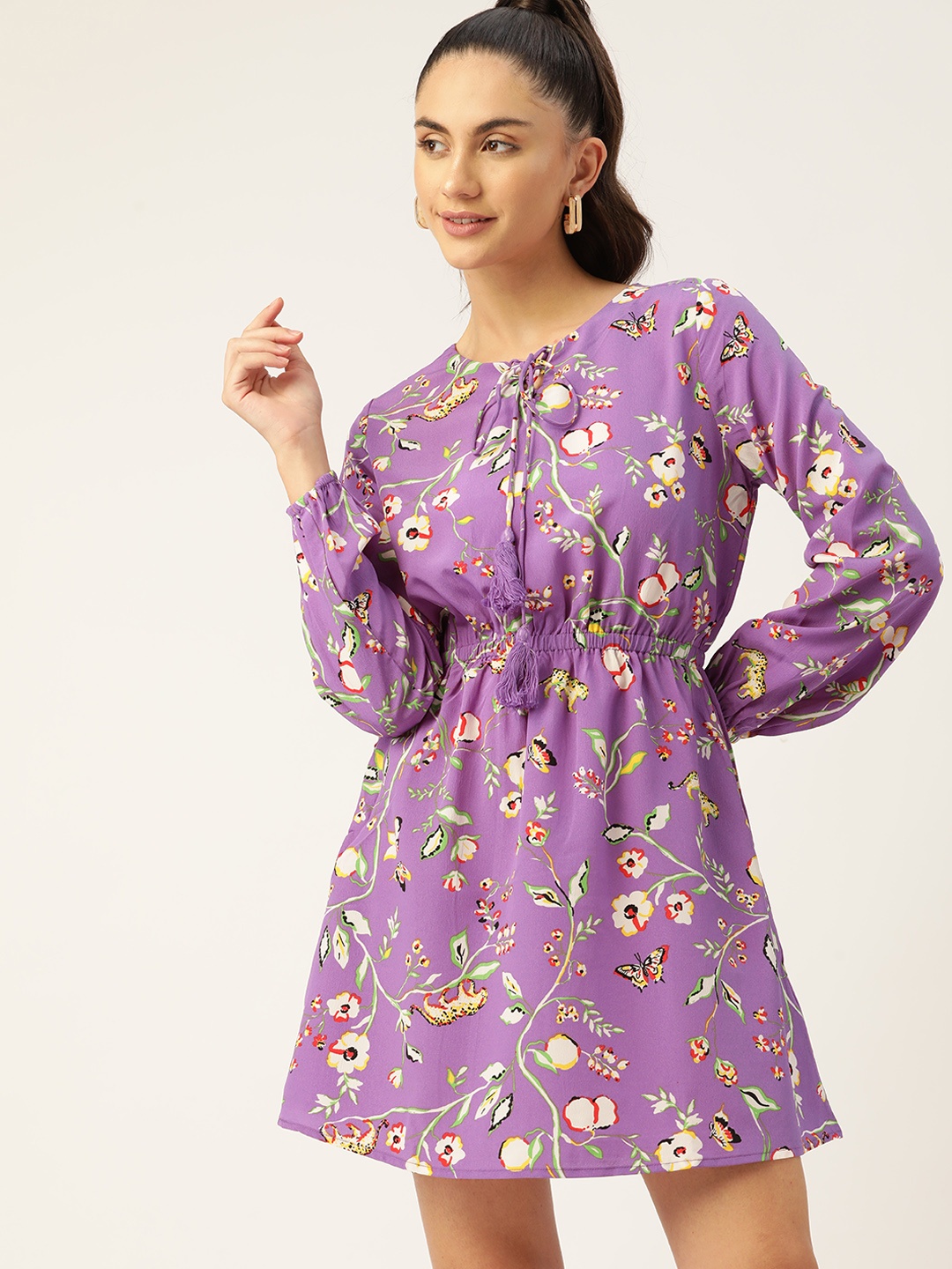 

DressBerry Purple & White Floral Tie-Up Neck A-Line Dress