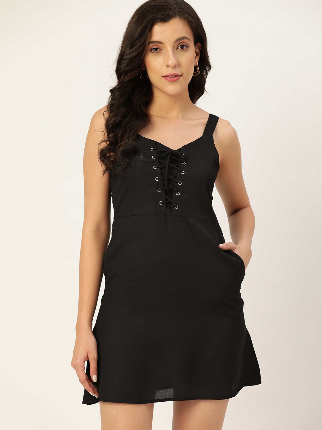 

DressBerry Black Solid Lace-Up A-Line Mini Dress